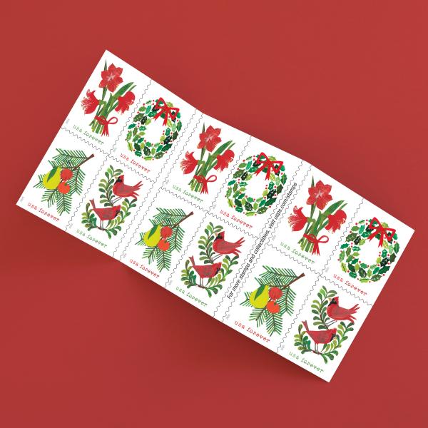 Forever Stamps 2025 Holiday Cheer – Cardinals, Wreath, Holly & Poinsettia Designs, First-Class Postage
