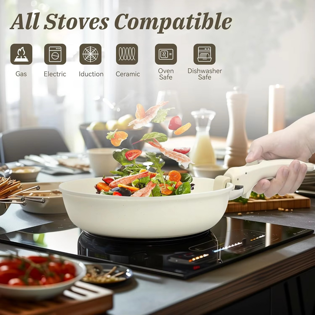 17 Piece Nonstick Cookware Set with Detachable Handle for Induction and Gas Stovetops