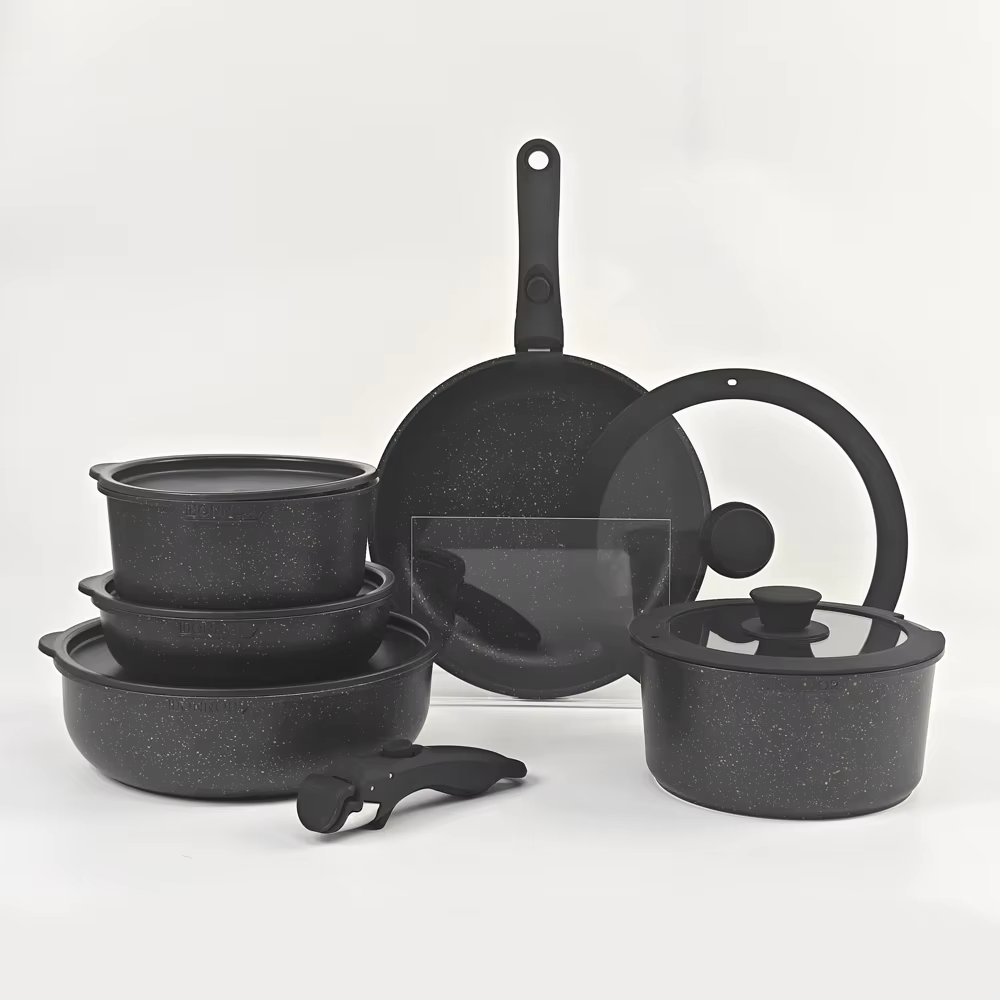 17 Piece Nonstick Cookware Set with Detachable Handle for Induction and Gas Stovetops
