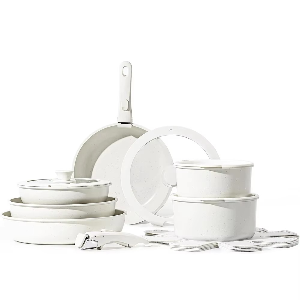 17 Piece Nonstick Cookware Set with Detachable Handle for Induction and Gas Stovetops