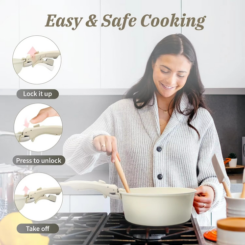 17 Piece Nonstick Cookware Set with Detachable Handle for Induction and Gas Stovetops