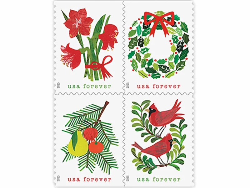 Forever Stamps 2025 Holiday Cheer – Cardinals, Wreath, Holly & Poinsettia Designs, First-Class Postage