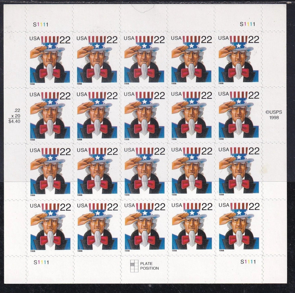 NOT Forever Stamp-22¢ Stamps 1998 Uncle Sam – Patriotic Symbol, First-Class Postage