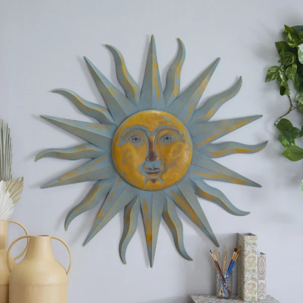 Gold Metal Indoor Outdoor Distressed Sun Wall Decor - Image 2